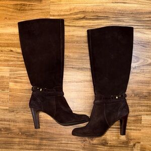 Talbots womens 9.5 knee boots heel dark brown suede leather good buckle nwot